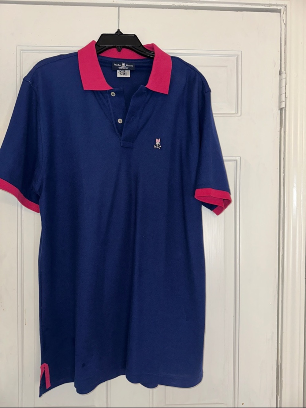 Psycho Bunny Navy Polo with Pink Collar and Sleeve Trim Men’s 7
